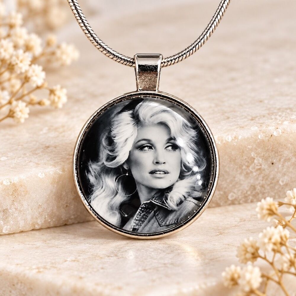 Dolly Parton Black White Portrait Pendant Necklace Silver Snake Chain Western